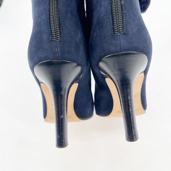 Jimmy Choo Retro y2k Navy Blue Suede Pom Pom Tie Mid-Calf Heeled Boot IT 37.5 - Picture 8 of 12